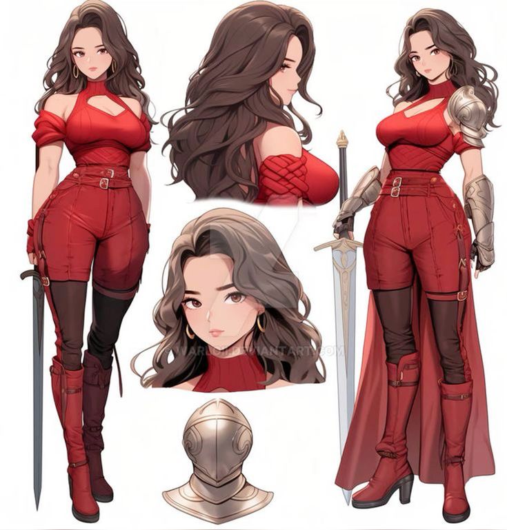 Anime warrior woman in red armor with a sword and helmet, showcasing character design details and multiple angles.