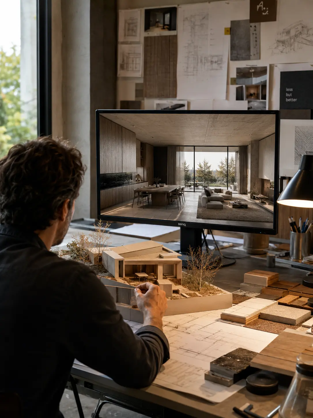 46485885-6d64-46b5-a144-54c19526bc8f Architect at a drafting table, building a small wooden house model while a monitor shows a modern living room design. | Sky Rye Design Architect at a drafting table, building a small wooden house model while a monitor shows a modern living room design.