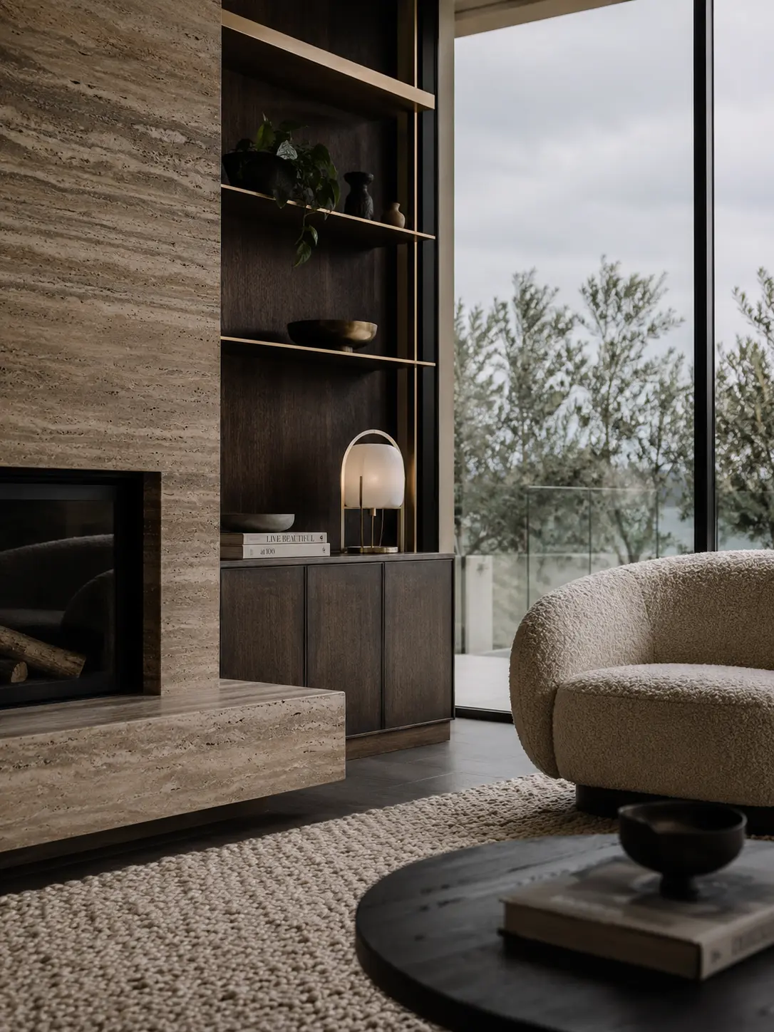 816d3565-b531-4299-add2-fb60f56913dc Modern neutral living room with travertine fireplace, curved boucle sofa, dark wood shelves, lamp and floor-to-ceiling window | Sky Rye Design Modern neutral living room with travertine fireplace, curved boucle sofa, dark wood shelves, lamp and floor-to-ceiling window