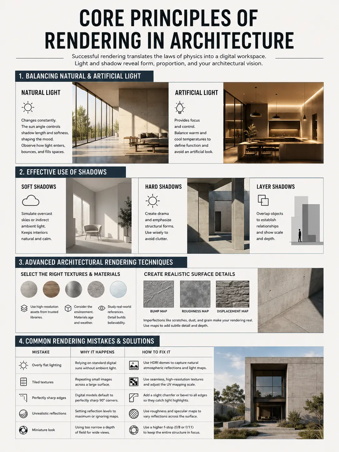 core principles-1 Architectural rendering infographic: core principles - balancing light, shadows, textures, techniques & common mistakes | Sky Rye Design Architectural rendering infographic: core principles - balancing light, shadows, textures, techniques & common mistakes