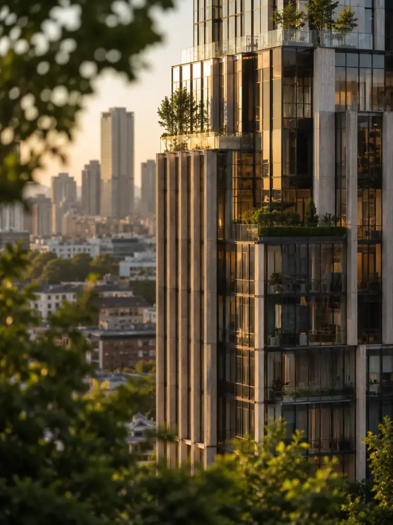 d88faf96-5004-4942-9464-29674a915ccd Modern glass high-rise with tiered balconies and rooftop greenery reflecting golden sunset, city skyline blurred behind. | Sky Rye Design Modern glass high-rise with tiered balconies and rooftop greenery reflecting golden sunset, city skyline blurred behind.