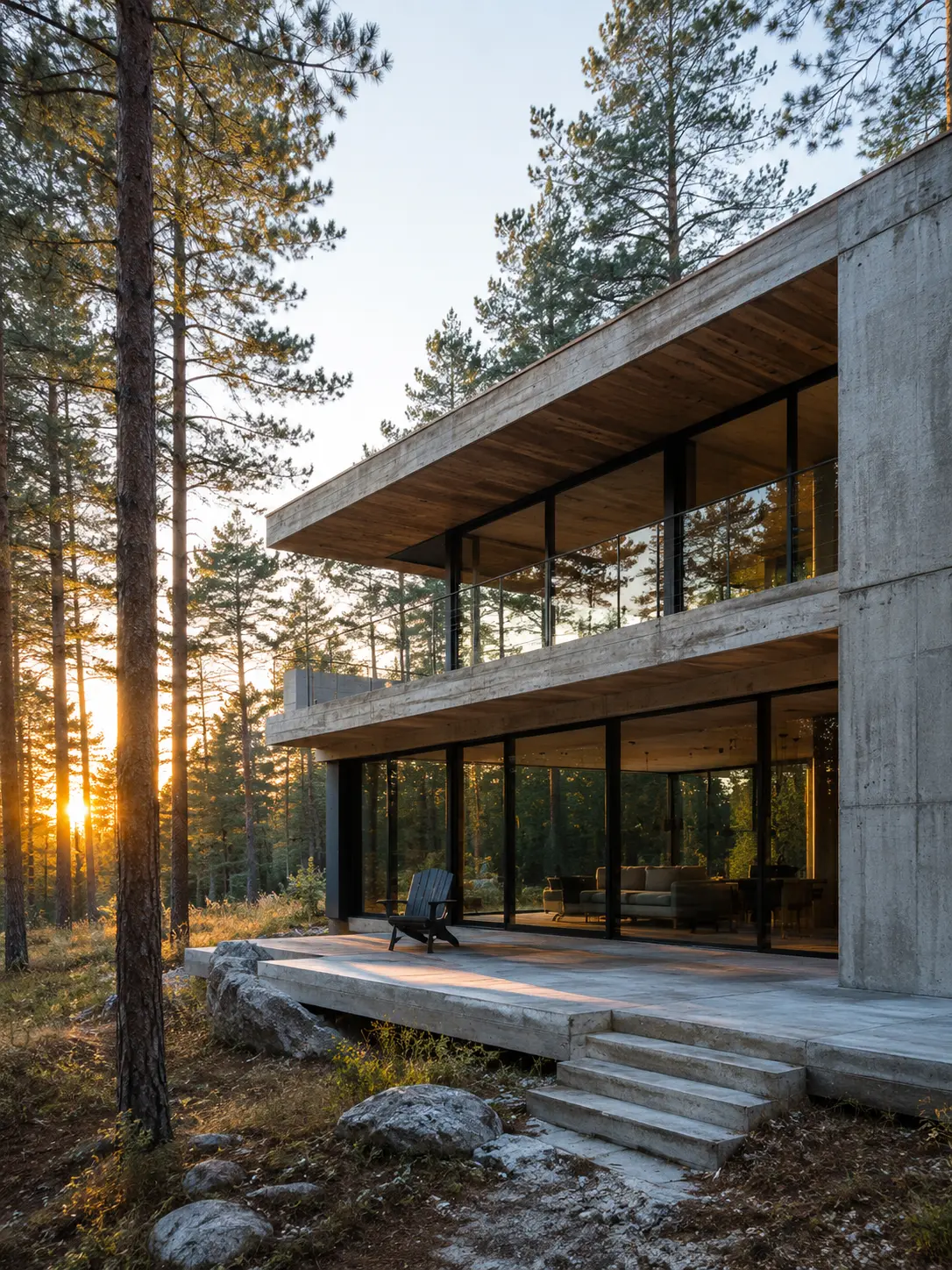 10886ff1-0834-4119-acdc-37d5d38fda3e Modern concrete and glass house, minimalist architecture, patio with chair in pine forest at sunset | Sky Rye Design Modern concrete and glass house, minimalist architecture, patio with chair in pine forest at sunset