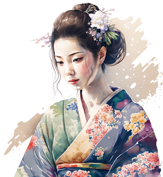 Watercolor illustration of a woman wearing a colorful floral kimono and traditional hairstyle with flower accessories.