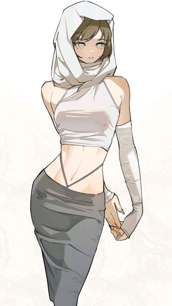 Anime character with short hair, wearing a sleeveless top and headscarf, looking to the side.