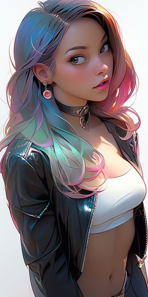 Anime girl with multicolored hair, wearing a leather jacket and choker, showcasing vibrant style and elegance.