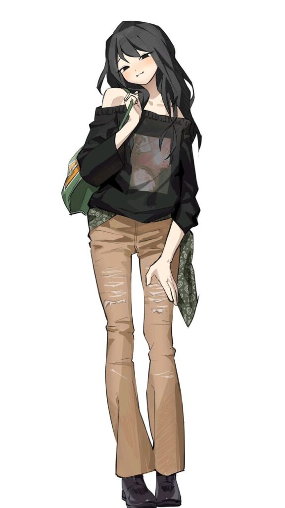 Anime girl in black sweater and brown pants holding a green bag, stylish pose with long black hair.