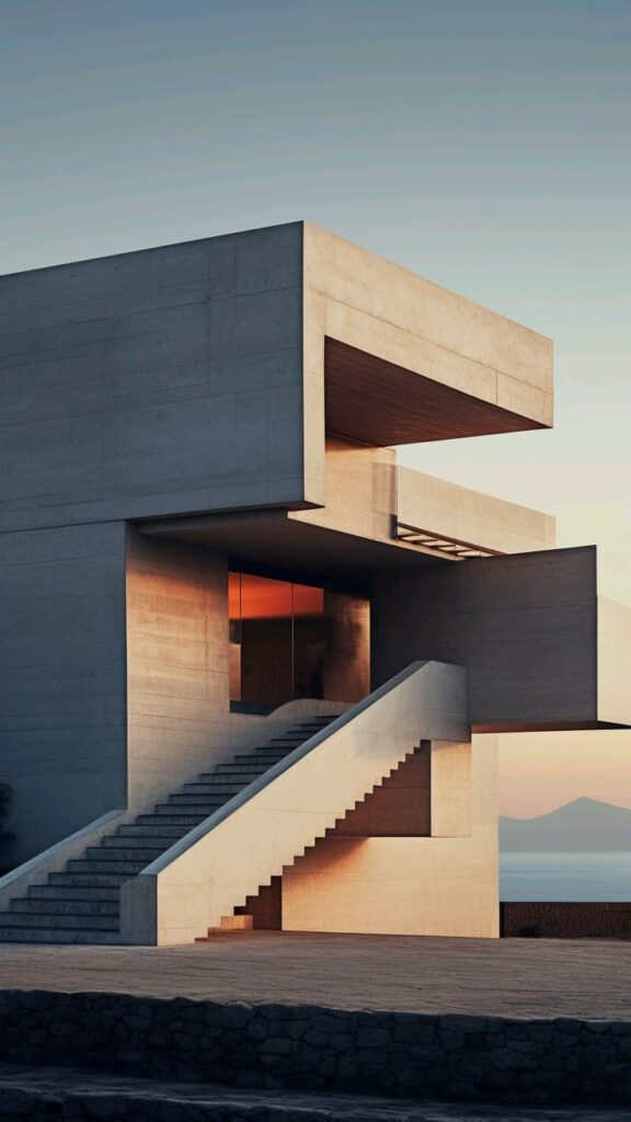 Modern minimalist concrete house with geometric design at sunset.