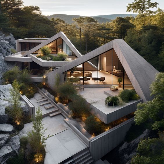 Modern architectural house nestled in a forested hillside, featuring geometric shapes and large glass windows.