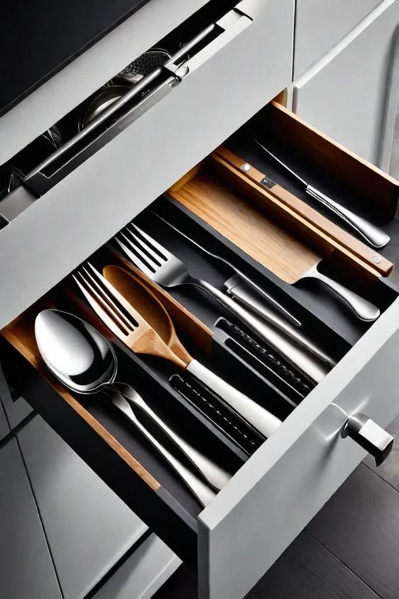 Organized kitchen drawer with various utensils, silverware, and cutlery in sleek compartments for a modern, tidy kitchen.