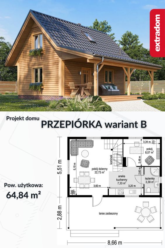 Wooden house design Przepiórka variant B with 64.84m² living space, featuring layout and realistic exterior view.