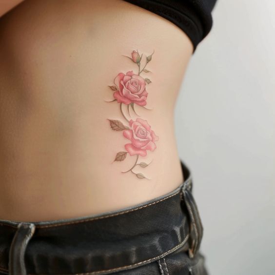 Delicate pink rose tattoo on side waist, showcasing floral design and intricate detail.