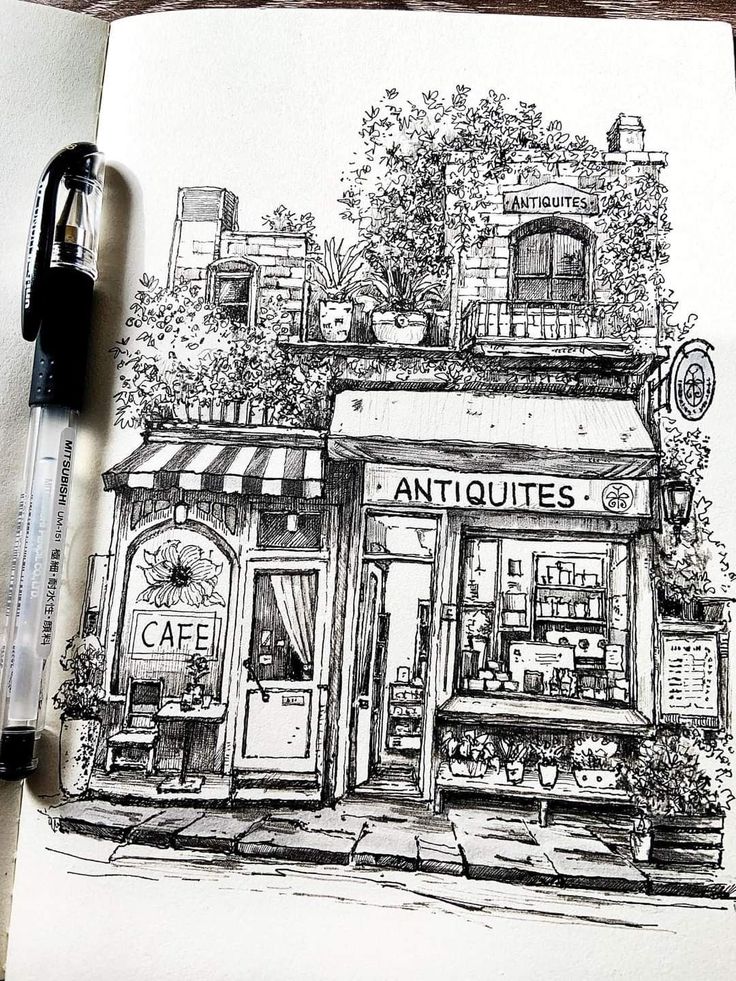 Black and white sketch of a quaint street scene with a café and antiques shop, overgrown with plants.