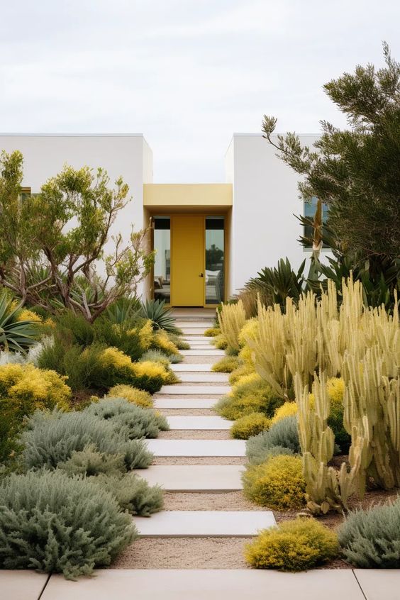 Modern desert landscaping with cacti, yellow door, and minimalist architecture pathway.