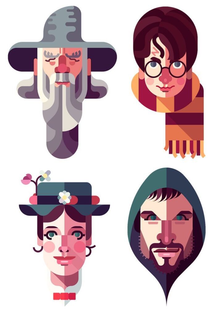 Stylized illustration of four whimsical characters with distinct hats and facial expressions on a white background.