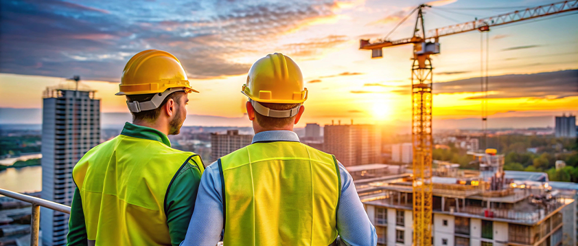 Construction workers overlooking a city skyline at sunset, wearing hard hats and vests.