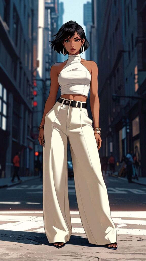 Stylish woman in white top and pants standing confidently on a city street, exuding modern fashion elegance.