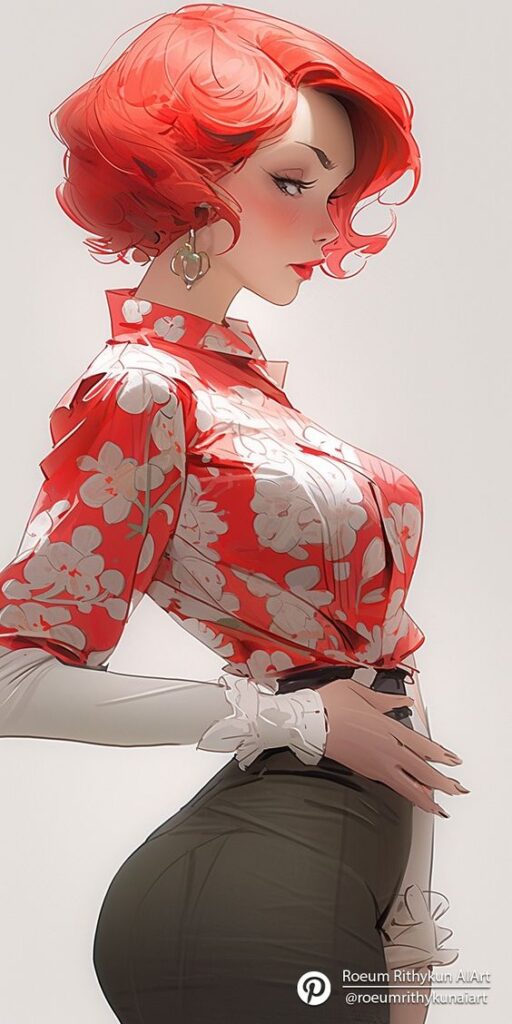 Illustration of a woman with red hair in floral blouse and elegant pose. Fashionable and stylish artwork.