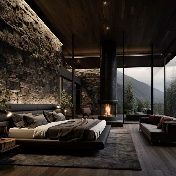 Luxury mountain bedroom with stone wall, fireplace, and panoramic glass view. Cozy and modern interior design.