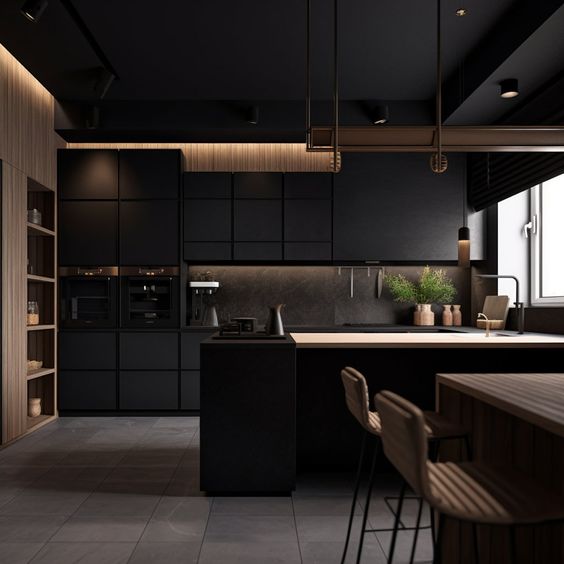 Modern black kitchen interior with island, wood accents, and bar stools. Elegant design and natural light.