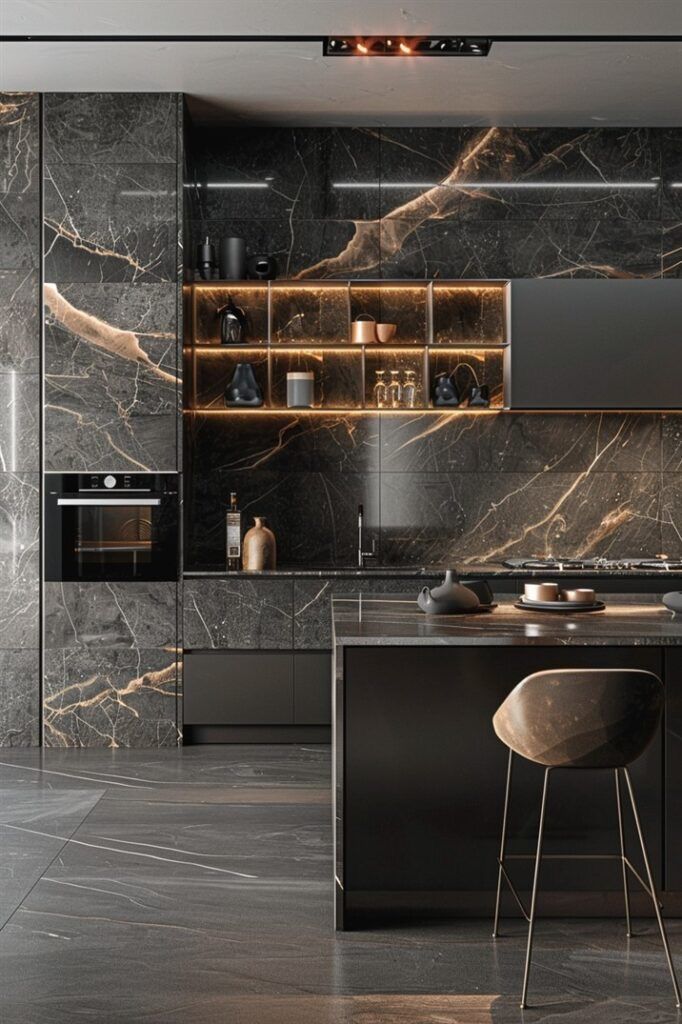 Modern black marble kitchen with sleek design, integrated appliances, open shelving, and ambient lighting.