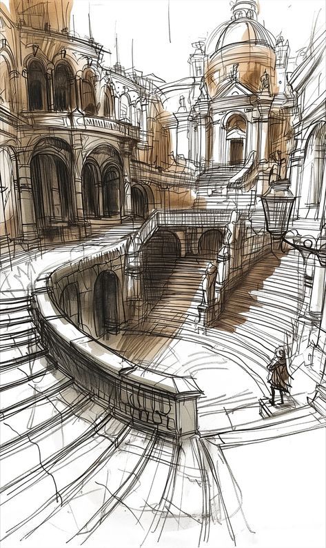 Architectural sketch of a grand staircase and historic building, capturing intricate arches and domes in sepia tones.