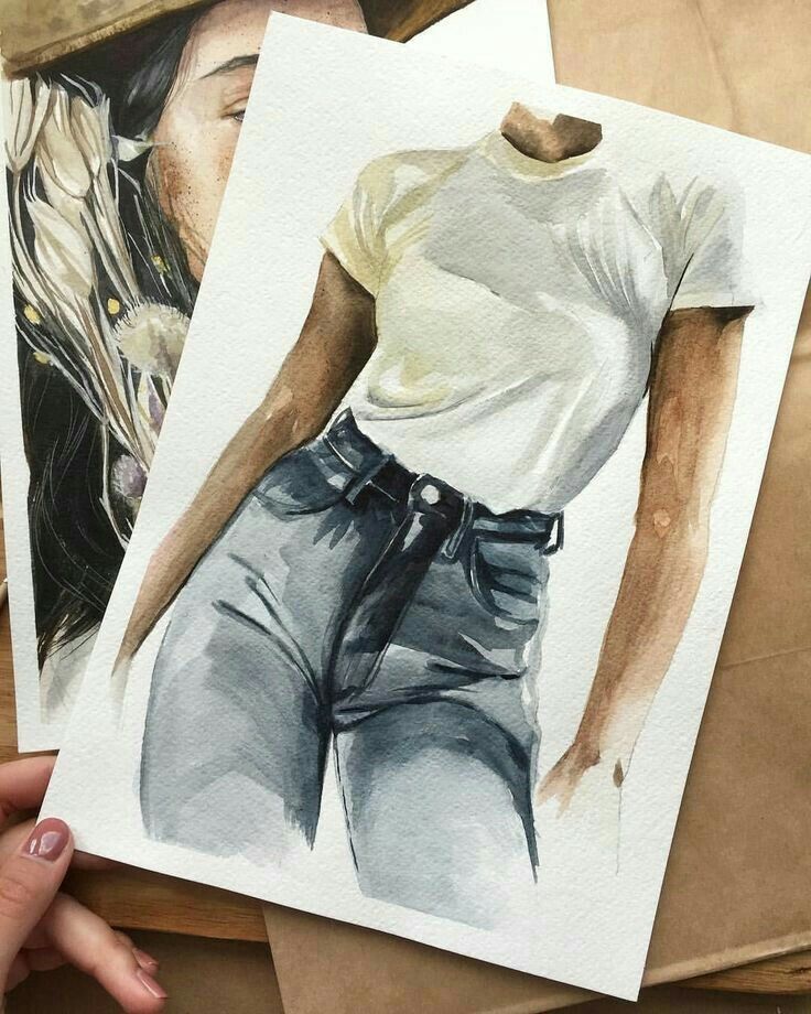 Watercolor painting of a figure in a white shirt and jeans, overlapping another artwork, with a partial face visible.