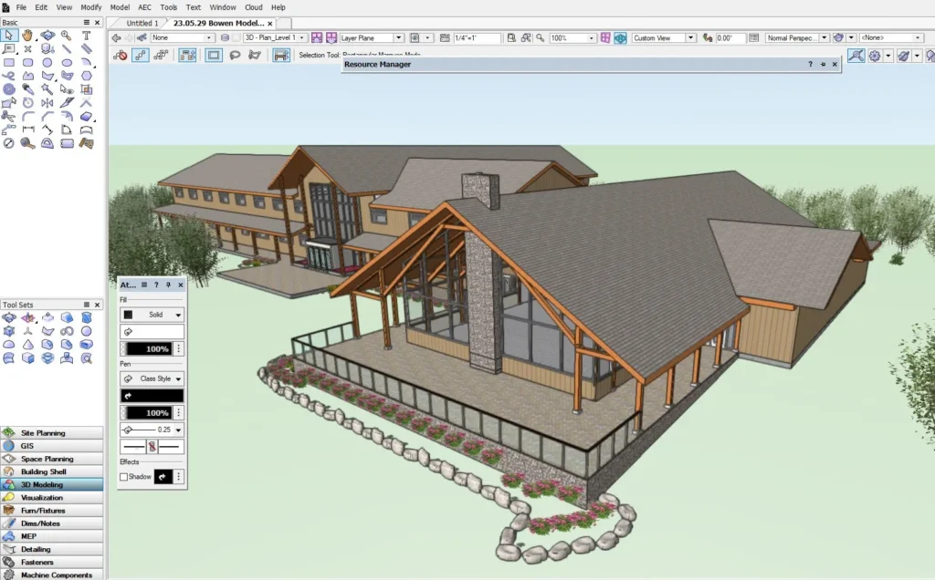 3D architectural design model of a large, rustic-style building with detailed roof and landscape elements.