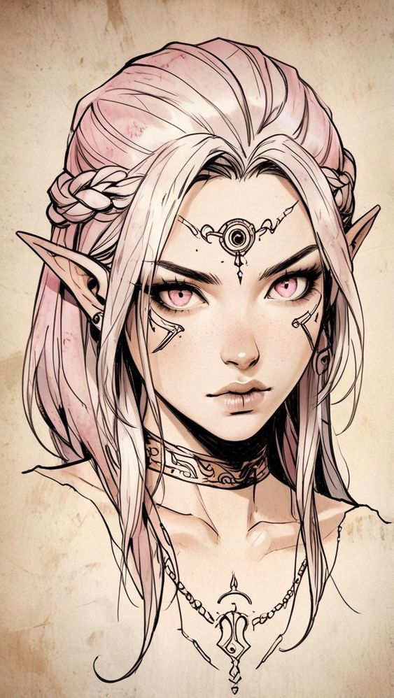 Anime-inspired elf with pink hair, intricate jewelry, and mystical markings, conveying fantasy and enchantment.