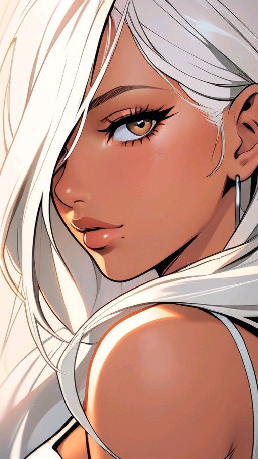 Anime character with long white hair and piercing brown eyes, wearing a white top, looks back with a confident expression.