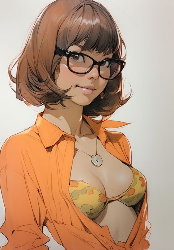 Stylish woman with glasses in an orange shirt and patterned bikini top, digital art illustration.