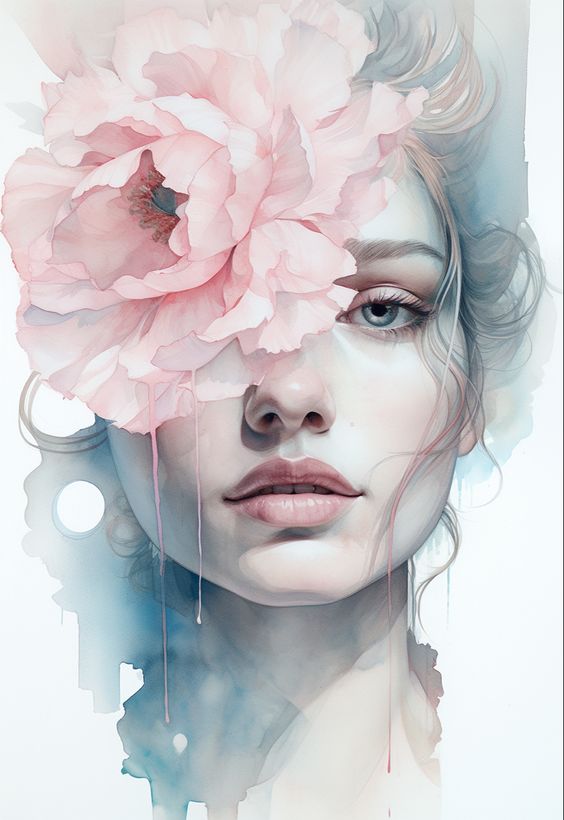 Artistic portrait of a woman with a large pink flower, symbolizing beauty and nature, covering part of her face.