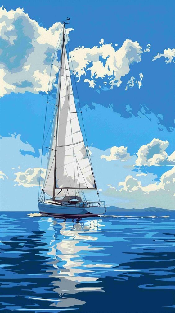 Sailboat on a serene ocean under a bright blue sky with fluffy clouds, reflecting on the water surface.