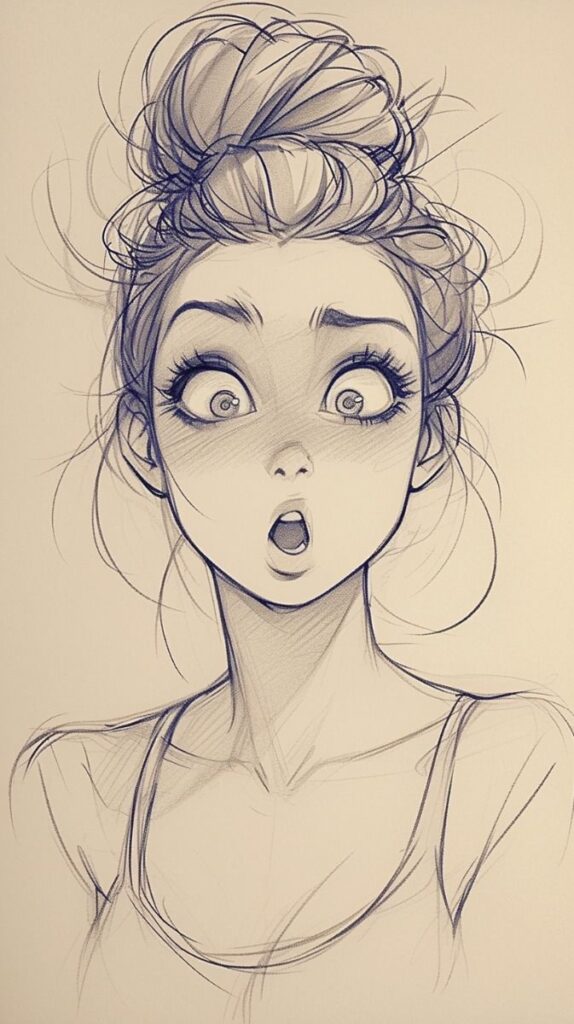 Surprised anime-style girl with wide eyes and messy bun illustration.