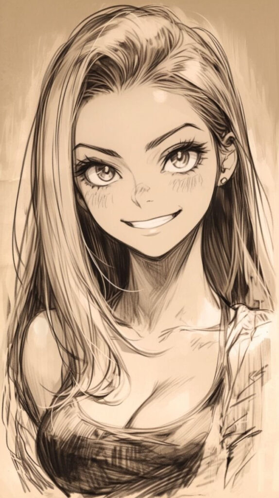 Drawing of a smiling anime girl with long hair and bright eyes, sketch style, sepia-toned illustration.