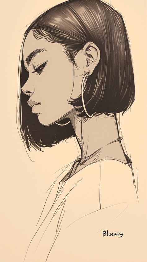 Illustration of a woman with a bob haircut and hoop earrings in a profile view, with a minimalist sketch style.