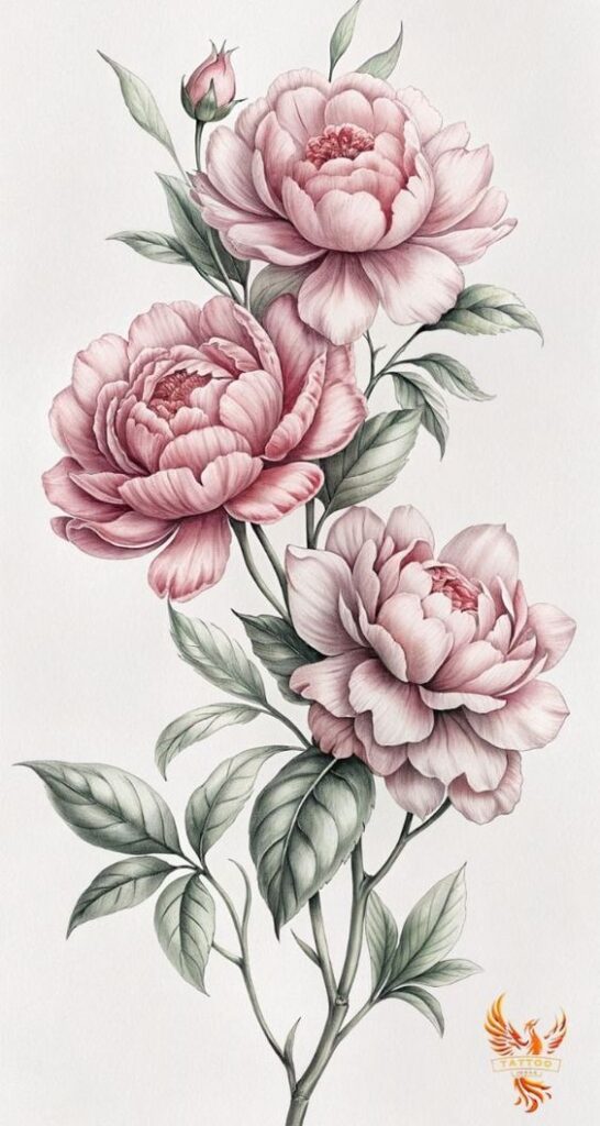 Pink peonies illustration with green leaves, showcasing delicate floral artistry and intricate petal details.