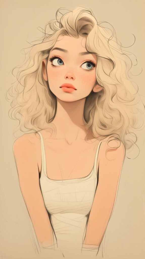 Illustration of a blonde woman with curly hair and blue eyes in a white top, gazing upwards thoughtfully.