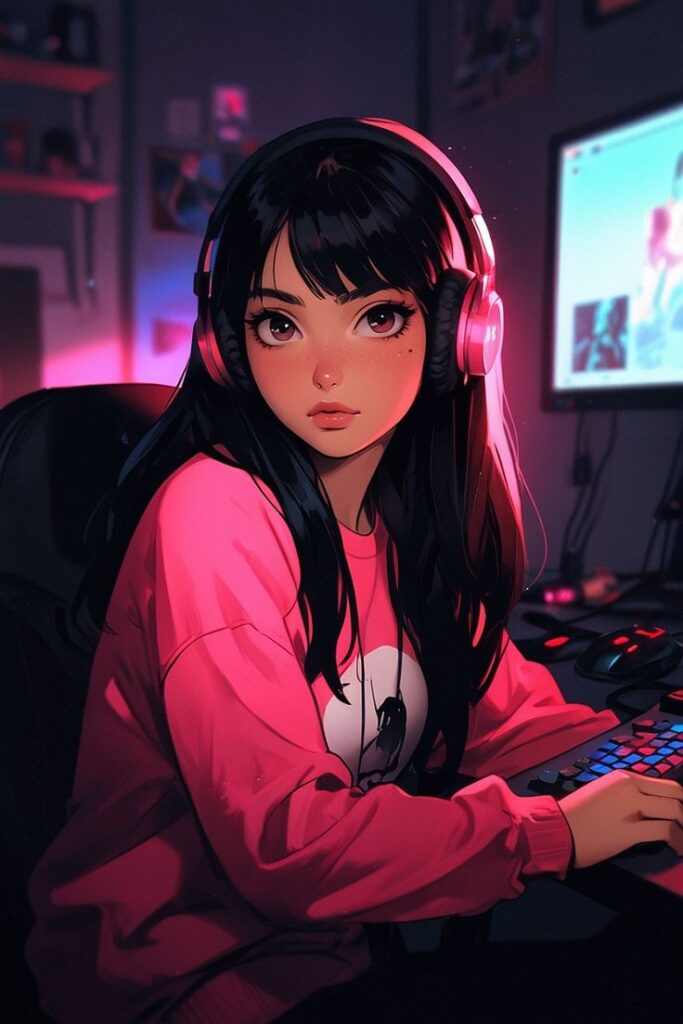 Anime-style girl gaming with headphones in a vibrant room, wearing a pink shirt and using a colorful keyboard.