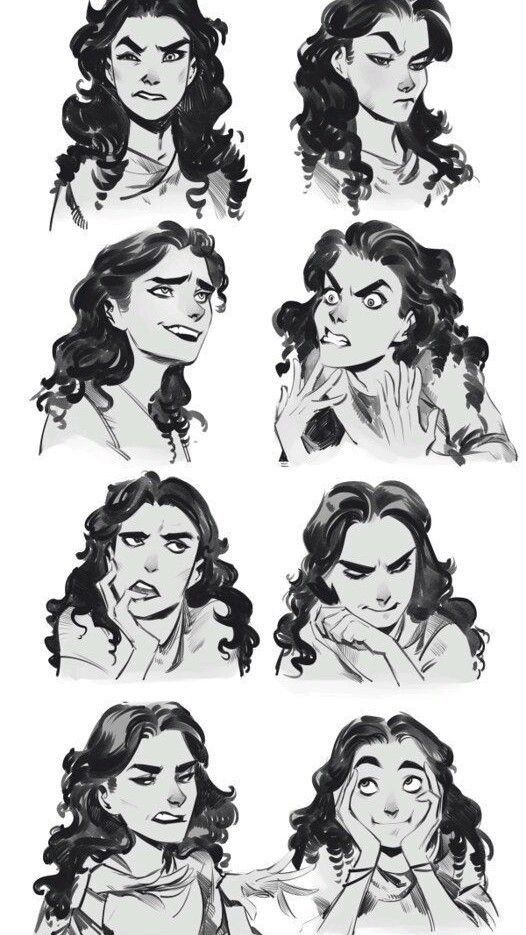 Illustrated character expressing diverse emotions through eight facial expressions in grayscale sketches.