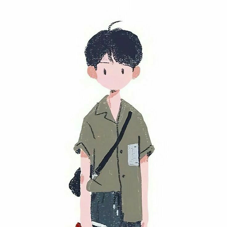 Cute cartoon boy illustration with black hair and green shirt, holding a small bag, on a white background.