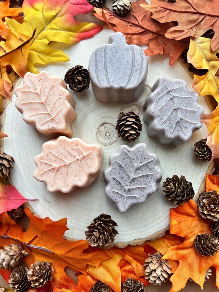 Fall-themed soap bars shaped like leaves and a pumpkin on a wooden slab, surrounded by autumn leaves and pinecones.