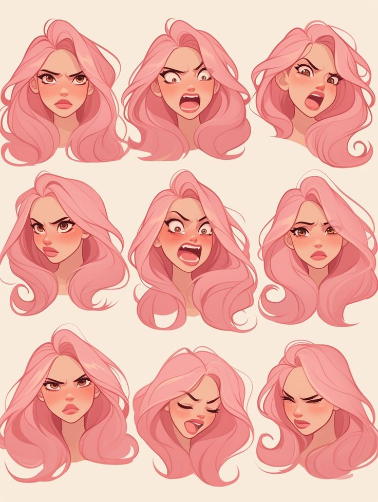 Illustrations of a woman with pink hair and various angry facial expressions, depicting a range of emotions.