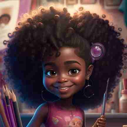 Young girl with curly hair, holding art supplies, smiles cheerfully in a colorful studio setting.