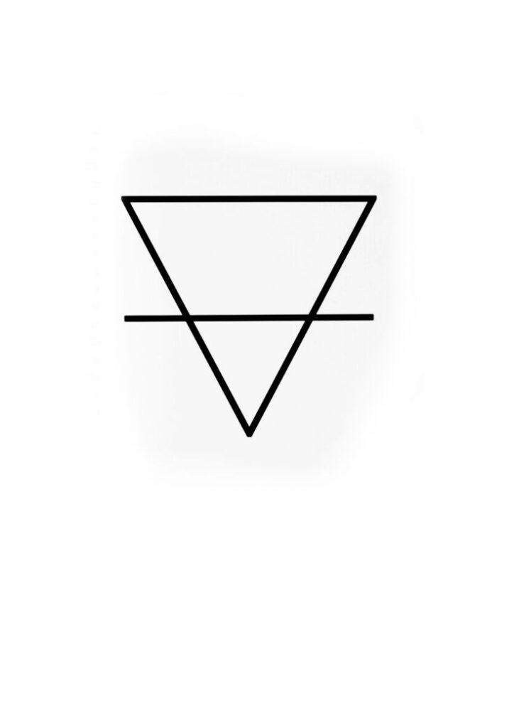 Minimalist geometric symbol with two intersecting triangles and a horizontal line on white background.