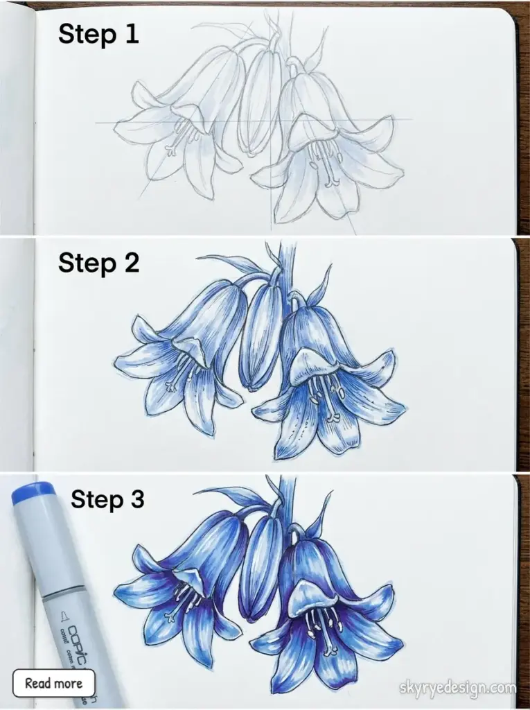Bluebell drawing tutorial: step-by-step pencil sketch to blue Copic marker rendering of hanging bell flowers