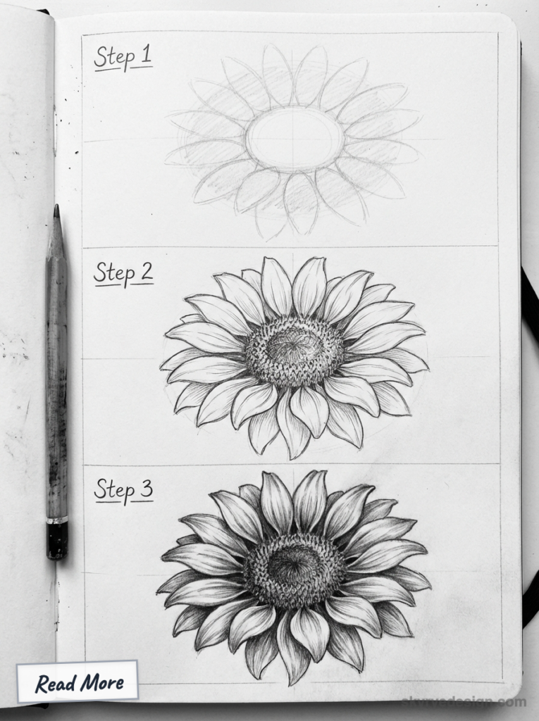 Pencil sunflower drawing tutorial in sketchbook: Step 1 outline, Step 2 detailed petals, Step 3 shaded finished bloom