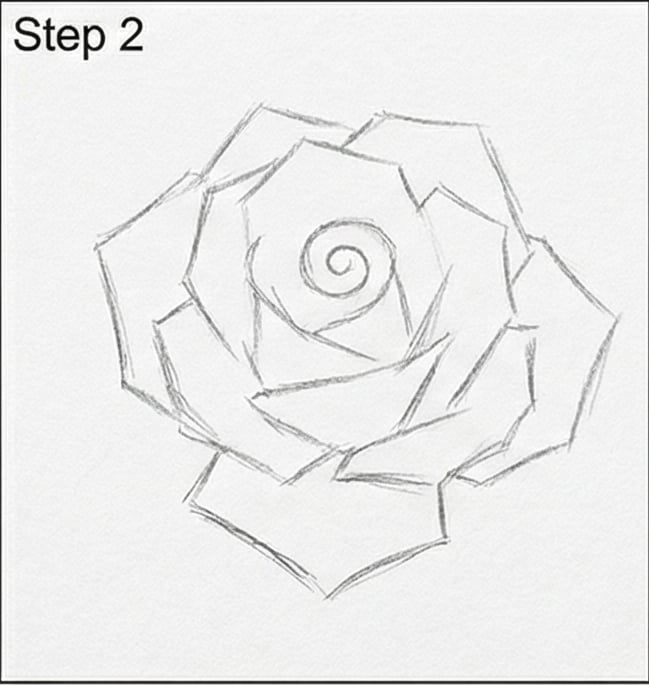 Pencil sketch of a stylized rose with spiral center and angular petals — step 2 in a rose drawing tutorial