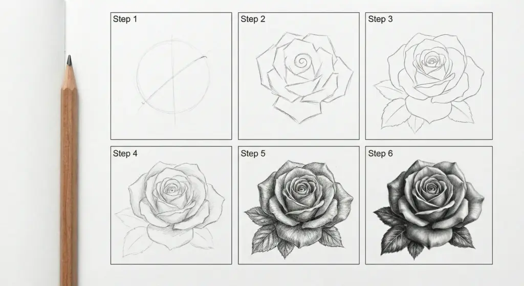 Six-step pencil drawing tutorial showing step-by-step realistic rose sketch progression and wooden pencil