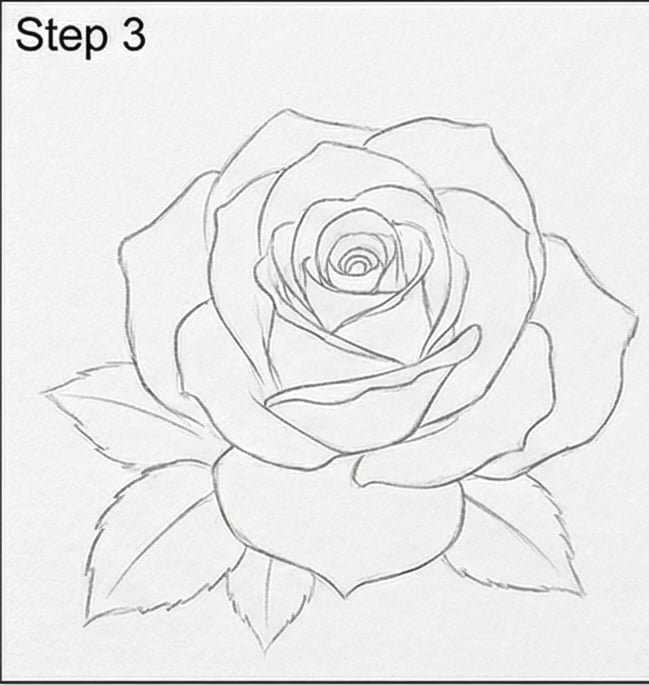 How to draw a rose — Step 3: pencil sketch showing layered petals and leaves.
