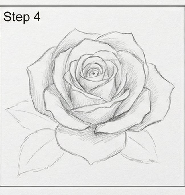 Pencil sketch tutorial step 4: detailed rose drawing with shaded petals and leaf outlines.